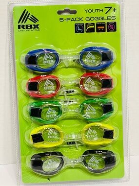 NEW RBX 5-Pack Youth Swim Goggles - Blue, Red, Green, Yellow, Black | Pool Beach